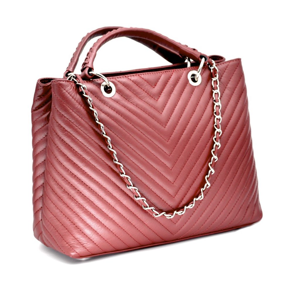 Genuine leather quilted tote handbag w/chain strap